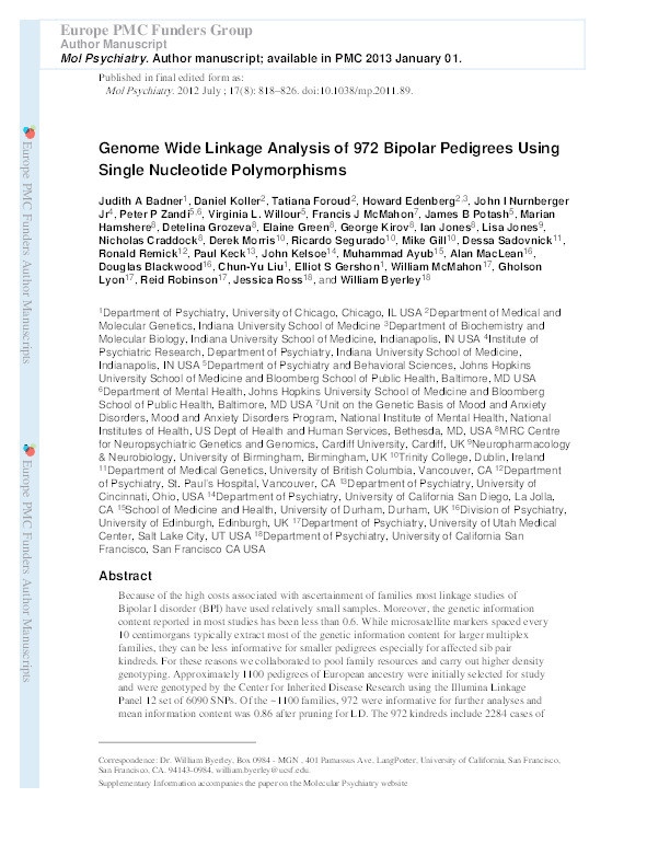 Genome-wide linkage analysis of 972 bipolar pedigrees using single-nucleotide polymorphisms Thumbnail