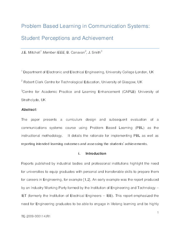 Problem-based learning in Communications Systems: student perceptions and achievement Thumbnail