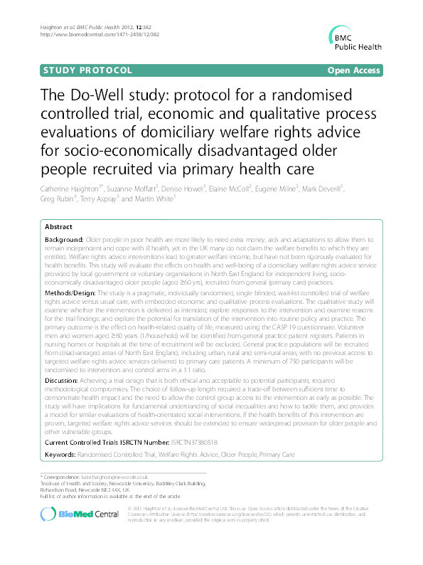 The Do-Well study: protocol for a randomised controlled trial, economic and qualitative process evaluations of domiciliary welfare rights advice for socio-economically disadvantaged older people recruited via primary health care Thumbnail