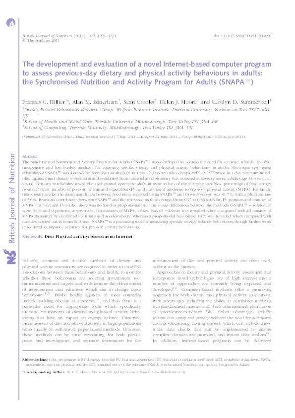 The development and evaluation of a novel Internet-based computer program to assess previous-day dietary and physical activity behaviours in adults : the Synchronised Nutrition and Activity Program for Adults (SNAPA™) Thumbnail