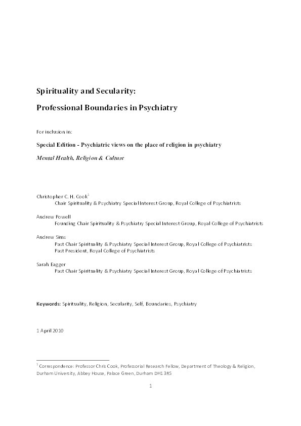 Spirituality and Secularity: Professional Boundaries in Psychiatry Thumbnail