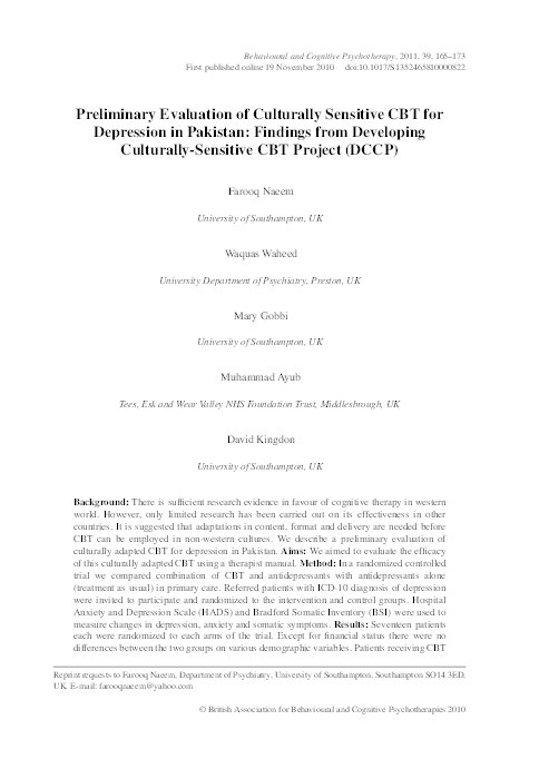 Preliminary Evaluation of Culturally Sensitive CBT for Depression in Pakistan: Findings from Developing Culturally-Sensitive CBT Project (DCCP) Thumbnail