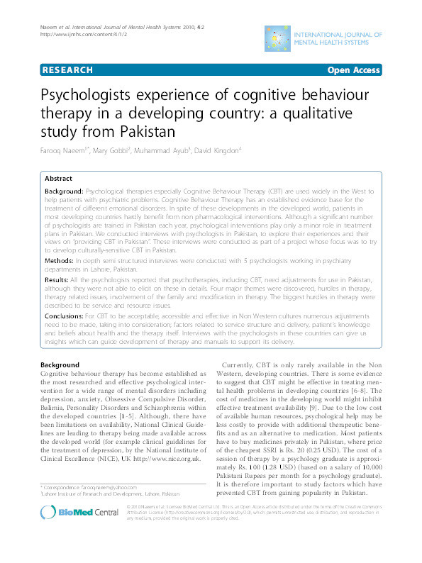 Psychologists Experience of Cognitive Behaviour Therapy in a Developing Country: a qualitative study from Pakistan Thumbnail