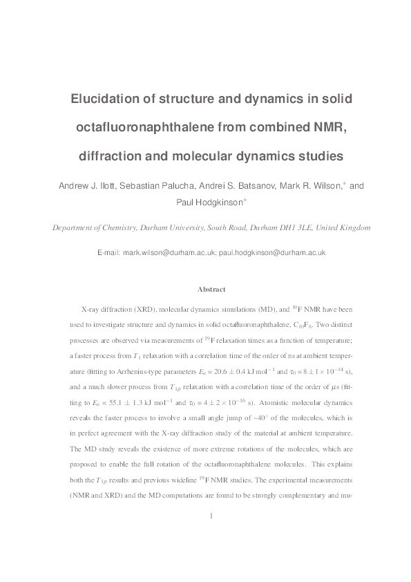 Elucidation of Structure and Dynamics in Solid Octafluoronaphthalene from Combined NMR, Diffraction, And Molecular Dynamics Studies Thumbnail