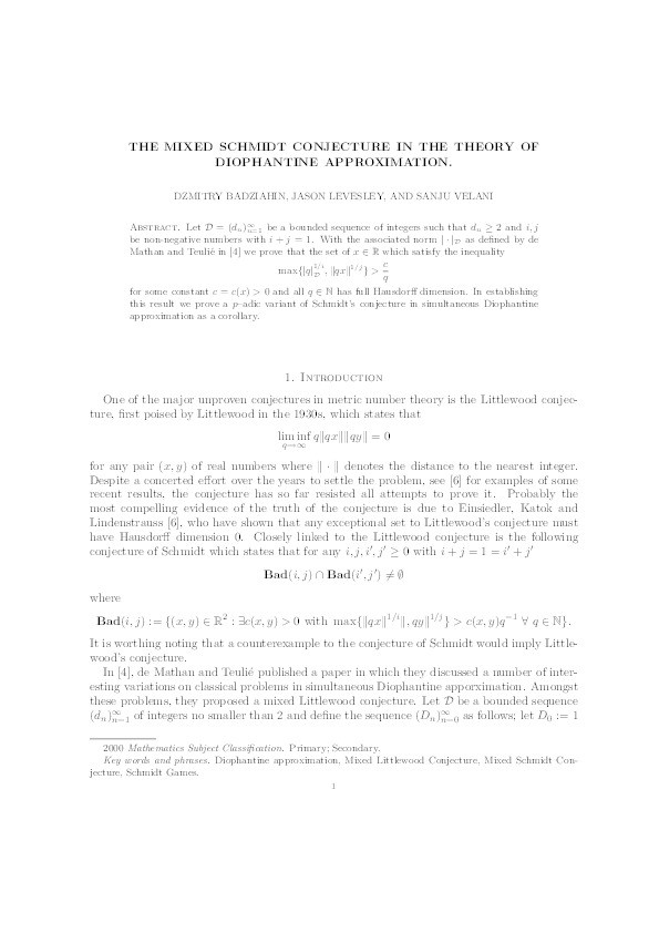 The mixed Schmidt conjecture in the theory of Diophantine approximation Thumbnail