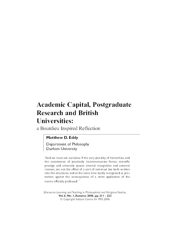 Academic Capital, Postgraduate Research and British Universities: A Bourdieu Inspired Reflection Thumbnail