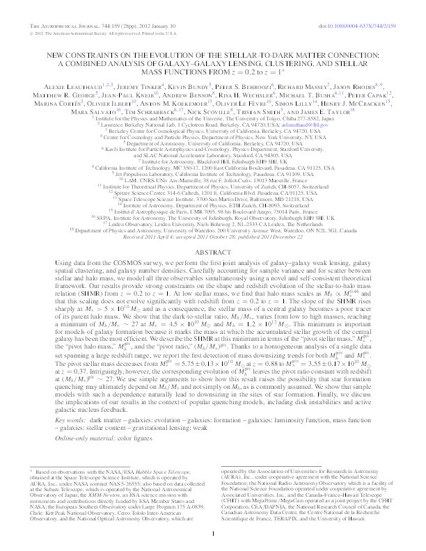 New constraints on the evolution of the stellar-to-dark matter connection : a combined analysis of galaxy-galaxy lensing, clustering, and stellar mass functions from z = 0.2 to z = 1 Thumbnail