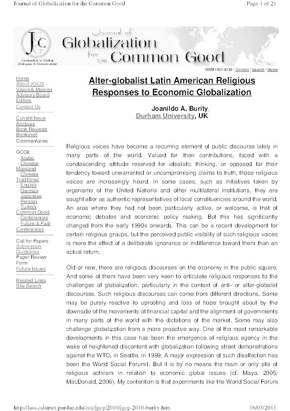 Alter-globalist Latin American Religious Responses to Economic Globalization Thumbnail