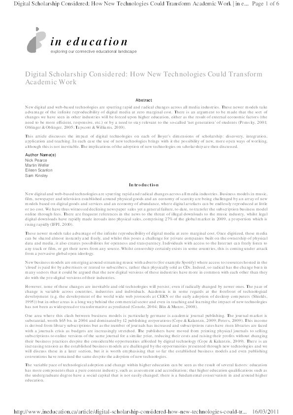 Digital Scholarship Considered: How New Technologies Could Transform Academic Work Thumbnail