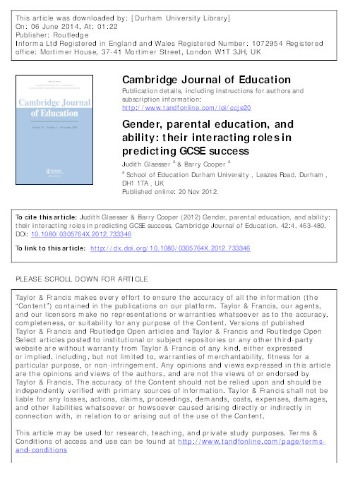Gender, parental education and ability: their interacting roles in predicting GCSE success Thumbnail