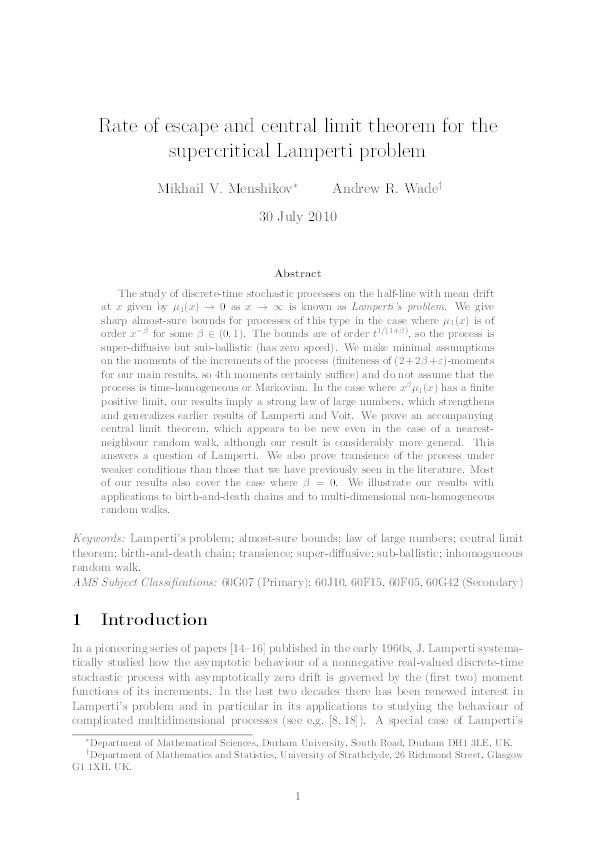 Rate of escape and central limit theorem for the supercritical Lamperti problem Thumbnail