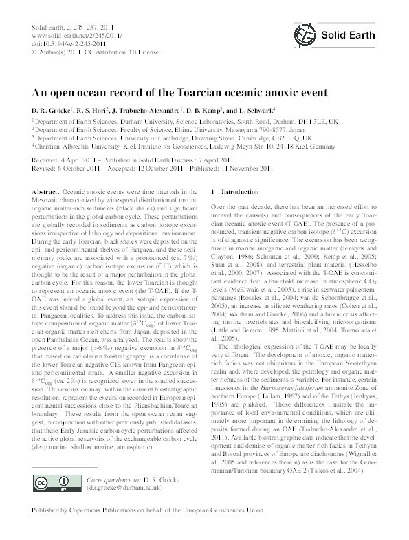 An open ocean record of the Toarcian oceanic anoxic event Thumbnail