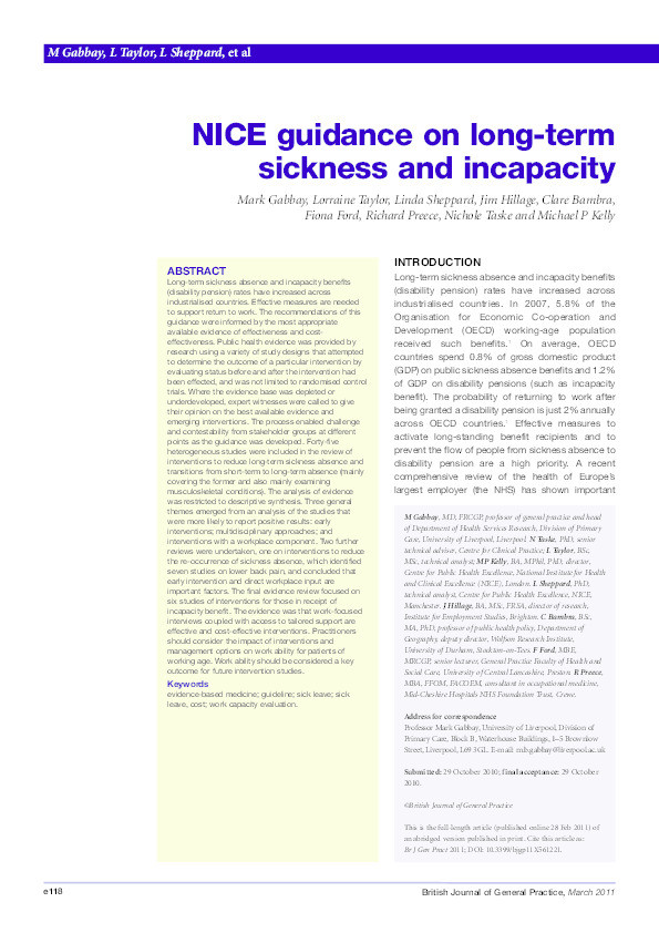 NICE guidance on long-term sickness and incapacity Thumbnail