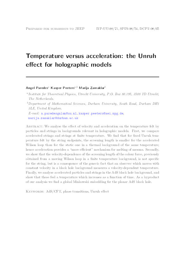 Temperature versus acceleration: The Unruh effect for holographic models Thumbnail