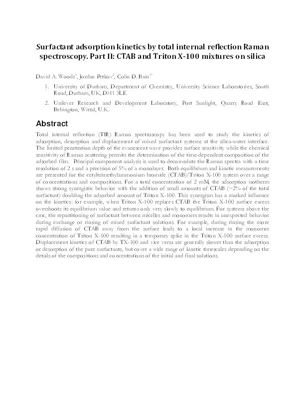 Surfactant Adsorption Kinetics by Total Internal Reflection Raman Spectroscopy. 2. CTAB and Triton X-100 Mixtures on Silica Thumbnail