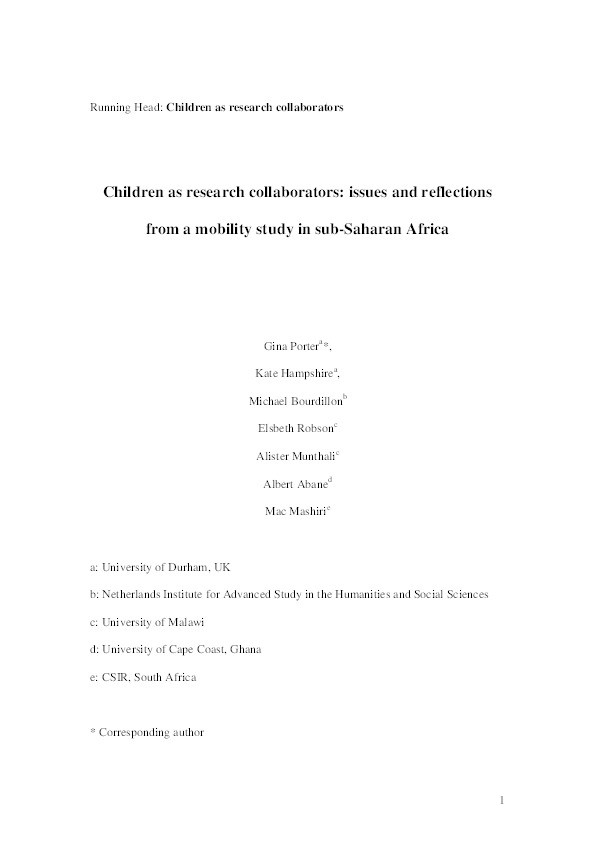 Children as Research Collaborators: Issues and Reflections from a Mobility Study in Sub-Saharan Africa Thumbnail