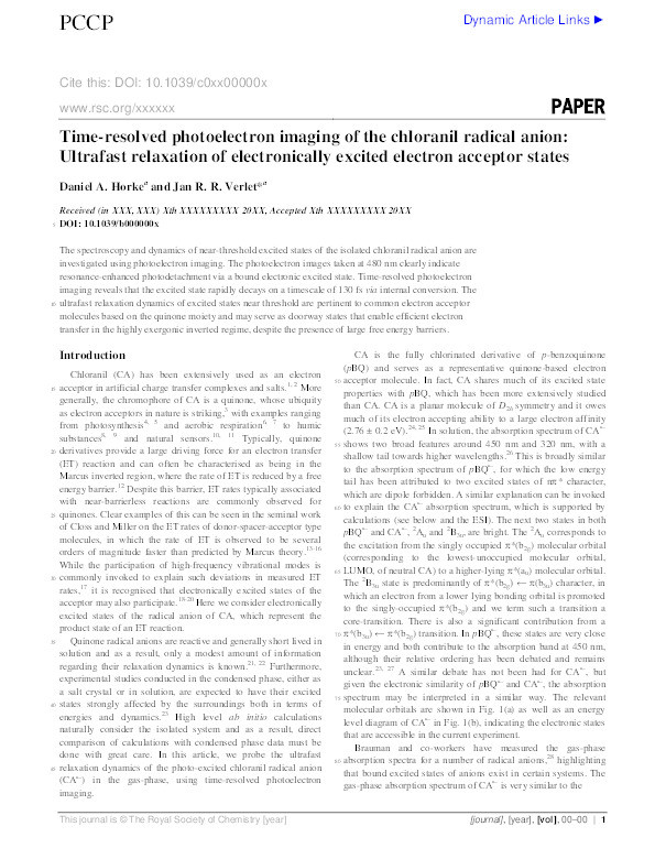 Time-resolved photoelectron imaging of the chloranil radical anion: ultrafast relaxation of electronically excited electron acceptor states Thumbnail