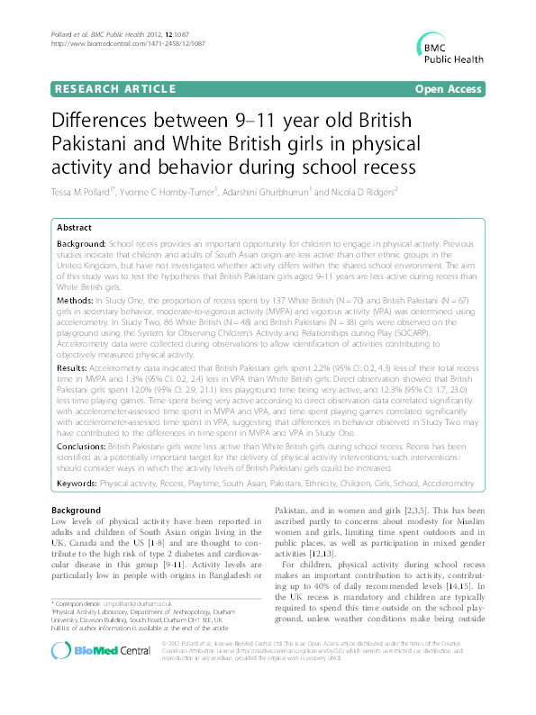 Differences between 9–11 year old British Pakistani and White British girls in physical activity and behavior during school recess Thumbnail