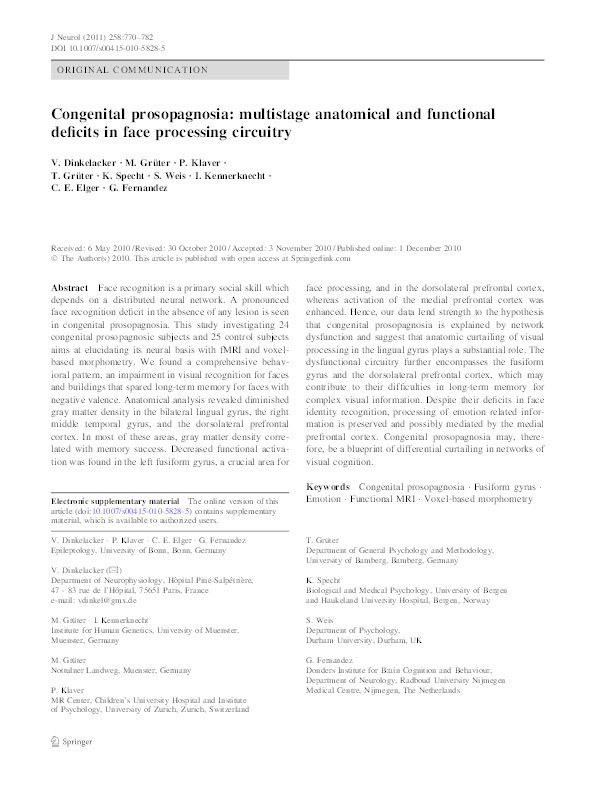 Congenital Prosopagnosia: Multistage Anatomical and Functional Deficits in Face Processing Circuitry Thumbnail