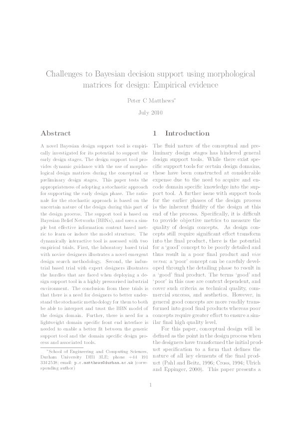 Challenges to Bayesian decision support using morphological matrices for design: empirical evidence Thumbnail
