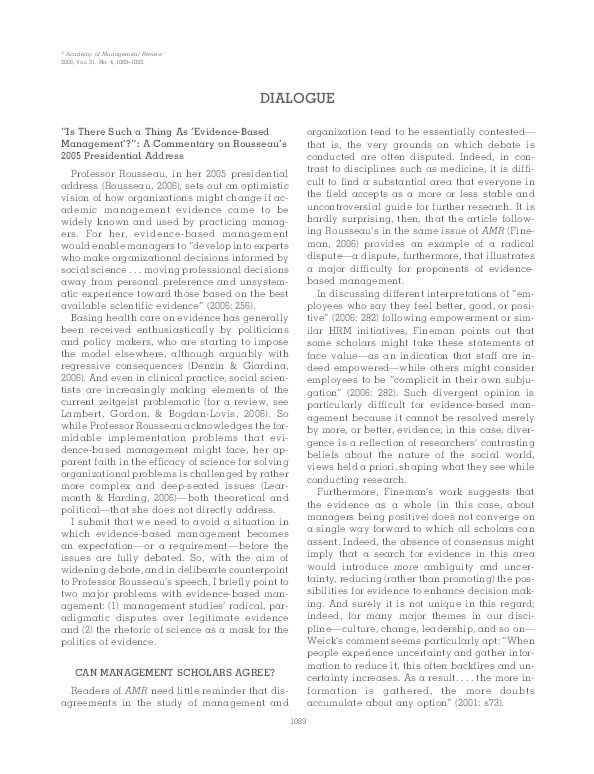"Is there such a thing as “Evidence-Based Management”?": A commentary on Rousseau’s 2005 presidential address Thumbnail