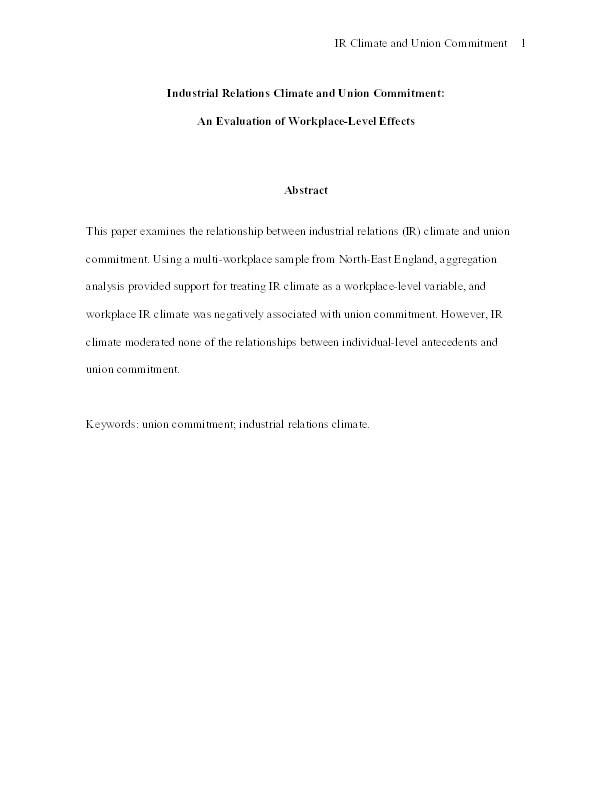 Industrial Relations Climate and Union Commitment: An Evaluation of Workplace-Level Effects Thumbnail