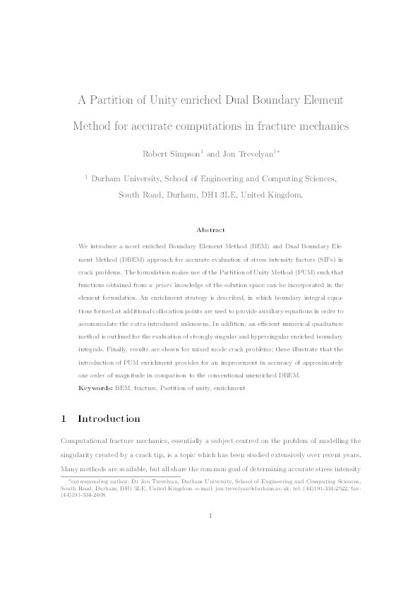 A partition of unity enriched dual boundary element method for accurate computations in fracture mechanics Thumbnail