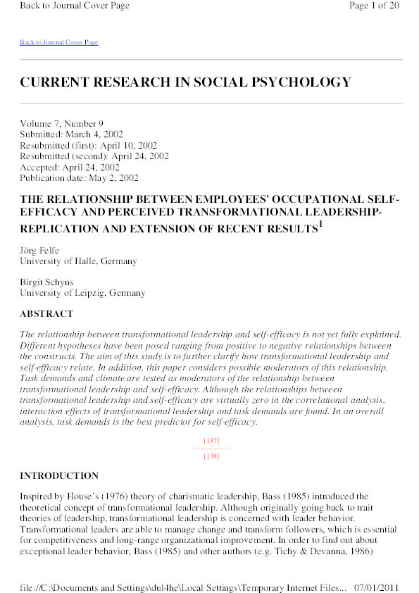 The relationship between employees' occupational self-efficacy and perceived transformational leadership-replication and extension of recent results Thumbnail
