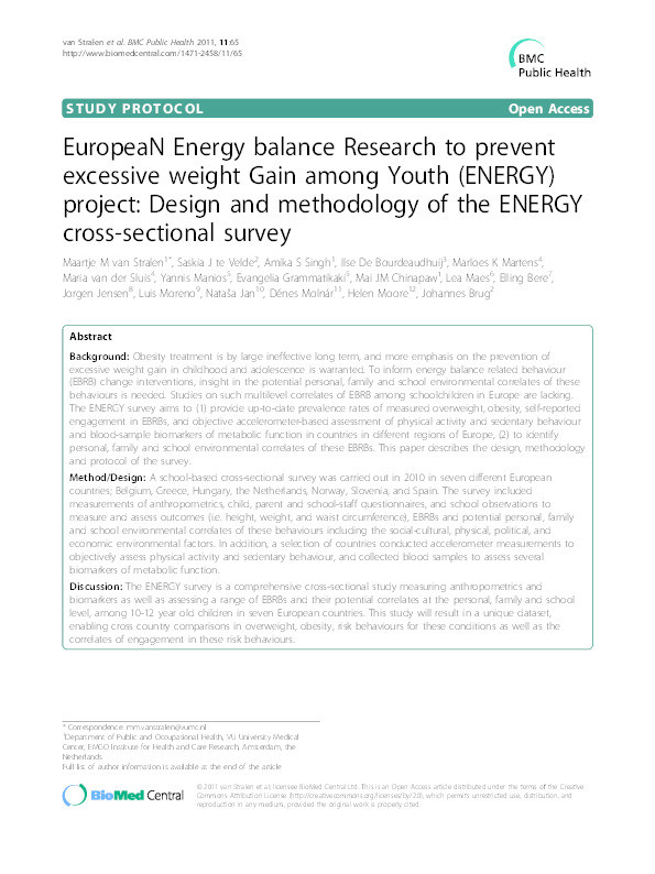 EuropeaN Energy balance Research to prevent excessive weight Gain among Youth (ENERGY) project: Design and methodology of the ENERGY cross-sectional survey Thumbnail