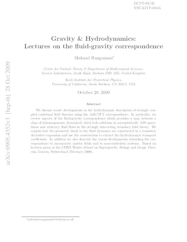 Gravity and Hydrodynamics: Lectures on the fluid-gravity correspondence Thumbnail