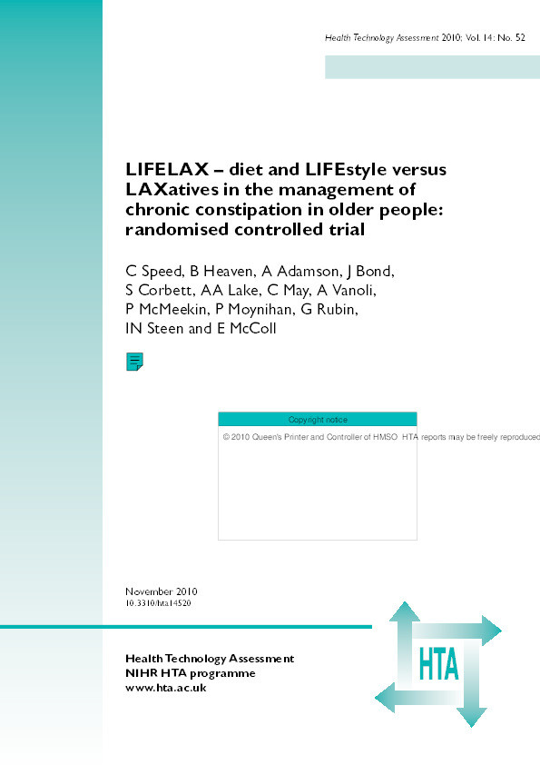 LIFELAX - diet and LIFEstyle versus LAXatives in the management of chronic constipation in older people: randomised controlled trial Thumbnail