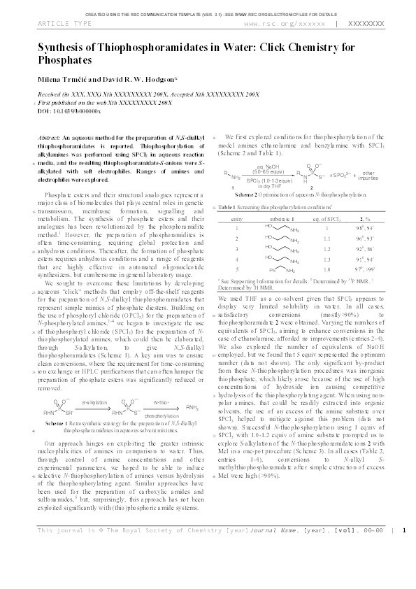 Synthesis of thiophosphoramidates in water: Click chemistry for phosphates Thumbnail