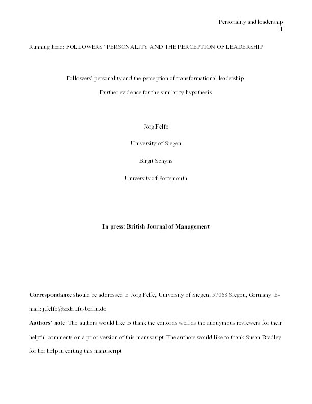 Followers’ personality and the perception of transformational leadership: Further evidence for the similarity hypothesis Thumbnail