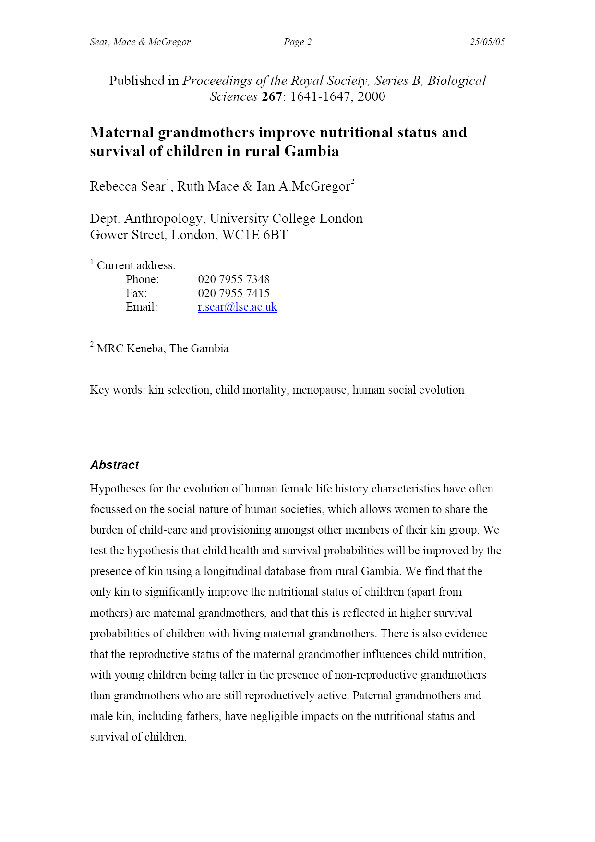 Maternal grandmothers improve the nutritional status and survival of children in rural Gambia Thumbnail