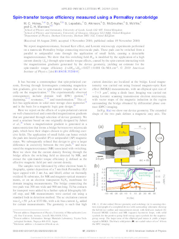 Spin-transfer torque efficiency measured using a Permalloy nanobridge Thumbnail