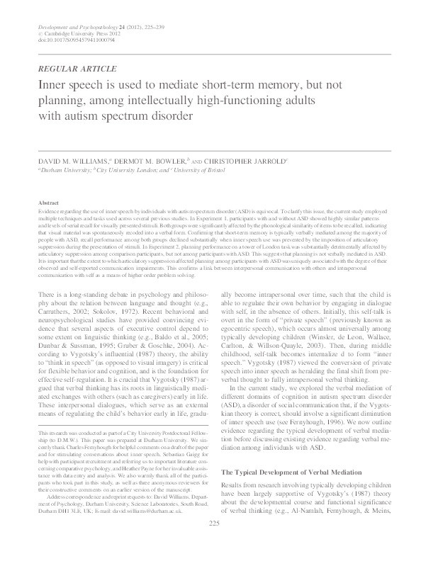 Inner speech is used to mediate short-term memory, but not planning, among intellectually high-functioning adults with autism spectrum disorder Thumbnail