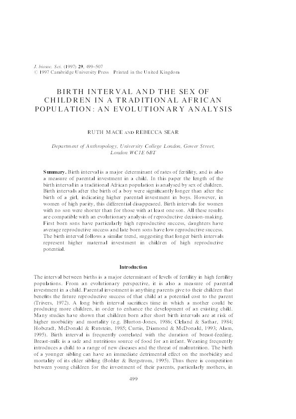 The birth interval and the sex of children in a traditional African population: an evolutionary analysis Thumbnail