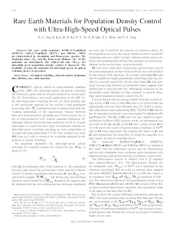 Rare earth materials for population density control with ultra-high-speed optical pulses, Thumbnail