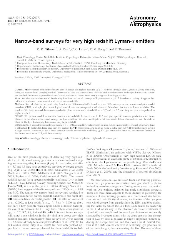 Narrow-band surveys for very high redshift Lyman-α emitters Thumbnail