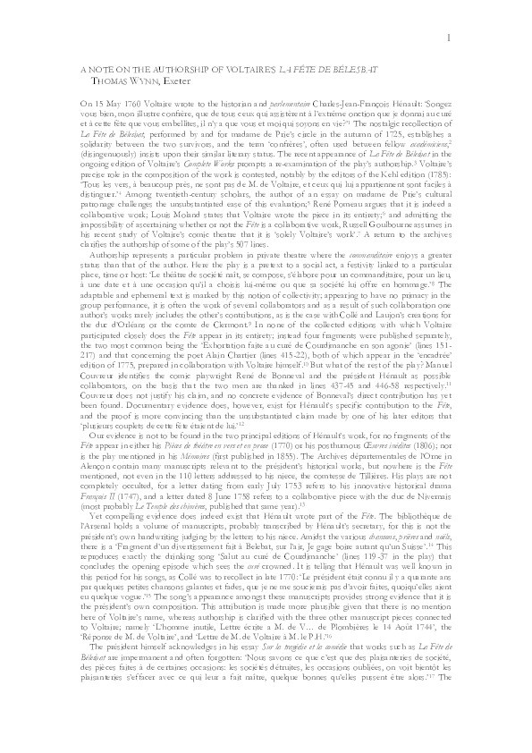 A note on the authorship of Voltaire’s 'La Fête de Bélesbat’ Thumbnail
