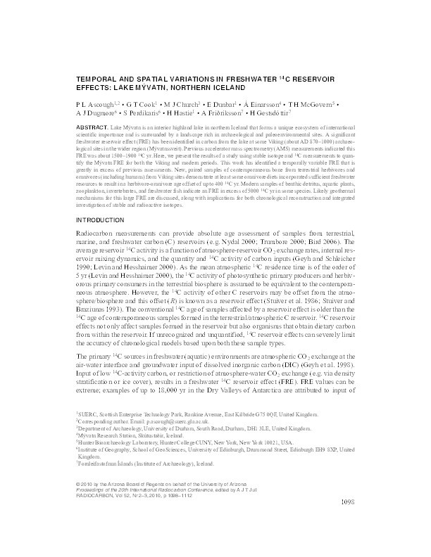 Temporal and spatial variations in freshwater 14C reservoir effects: Lake Mývatn, northern Iceland Thumbnail