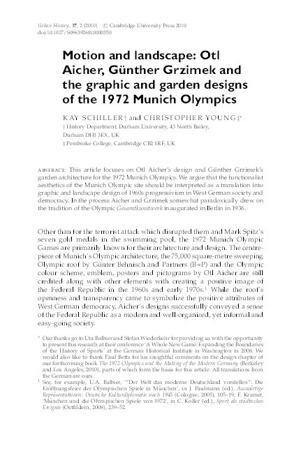 Motion and landscape: Otl Aicher, Günther Grzimek and the graphic and garden designs of the 1972 Munich Olympics Thumbnail