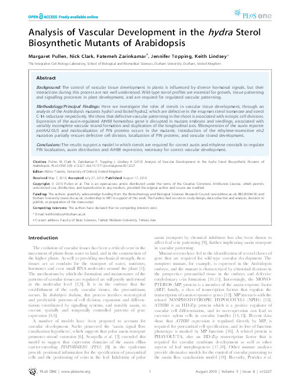 Analysis of vascular development in the hydra sterol biosynthetic mutants of Arabidopsis Thumbnail