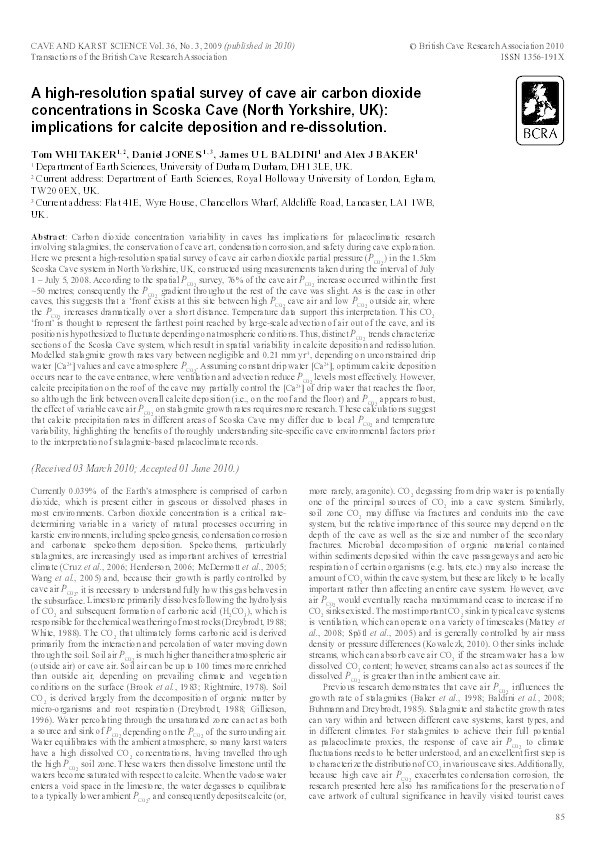 A high-resolution spatial survey of cave air carbon dioxide concentrations in Scoska Cave (North Yorkshire, UK): implications for calcite deposition and re-dissolution Thumbnail