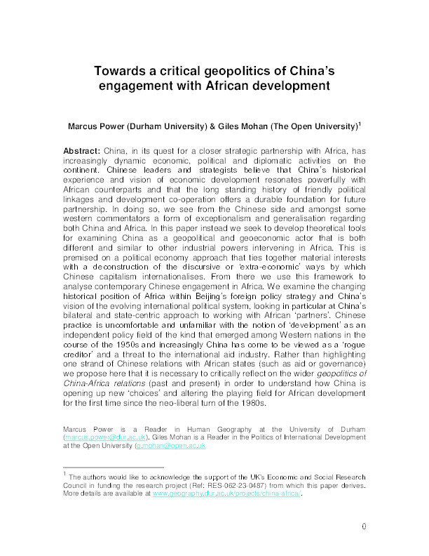 Towards a critical geopolitics of China’s engagement with African development Thumbnail