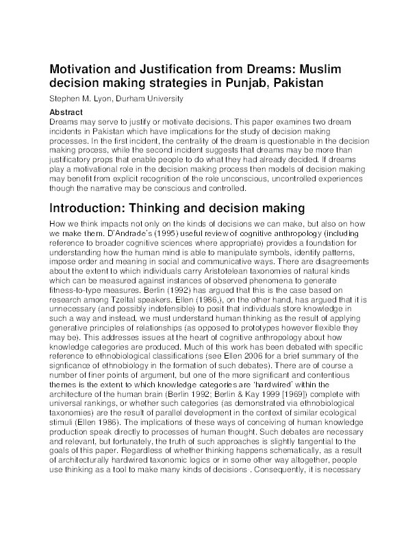 Motivation and Justification from Dreams: Muslim decision making strategies in Punjab, Pakistan Thumbnail