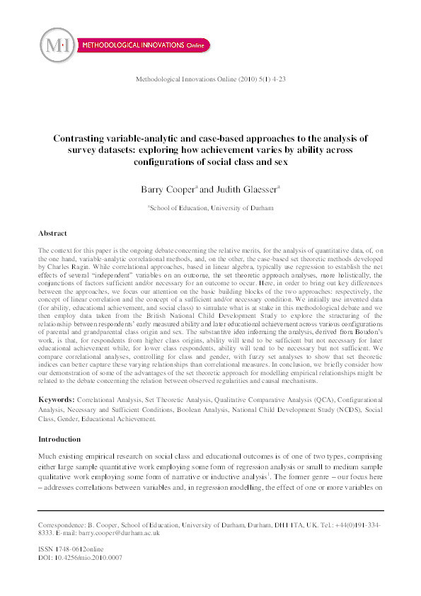 Contrasting variable-analytic and case-based approaches to the analysis of survey datasets: exploring how achievement varies by ability across configurations of social class and sex Thumbnail