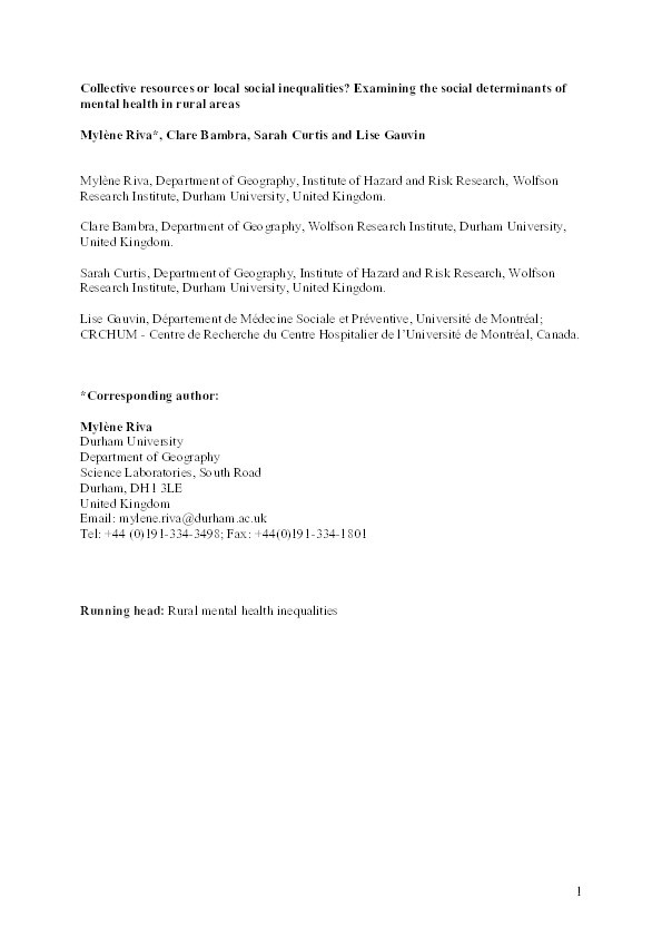 Collective resources or local social inequalities? Examining the social determinants of mental health in rural areas Thumbnail