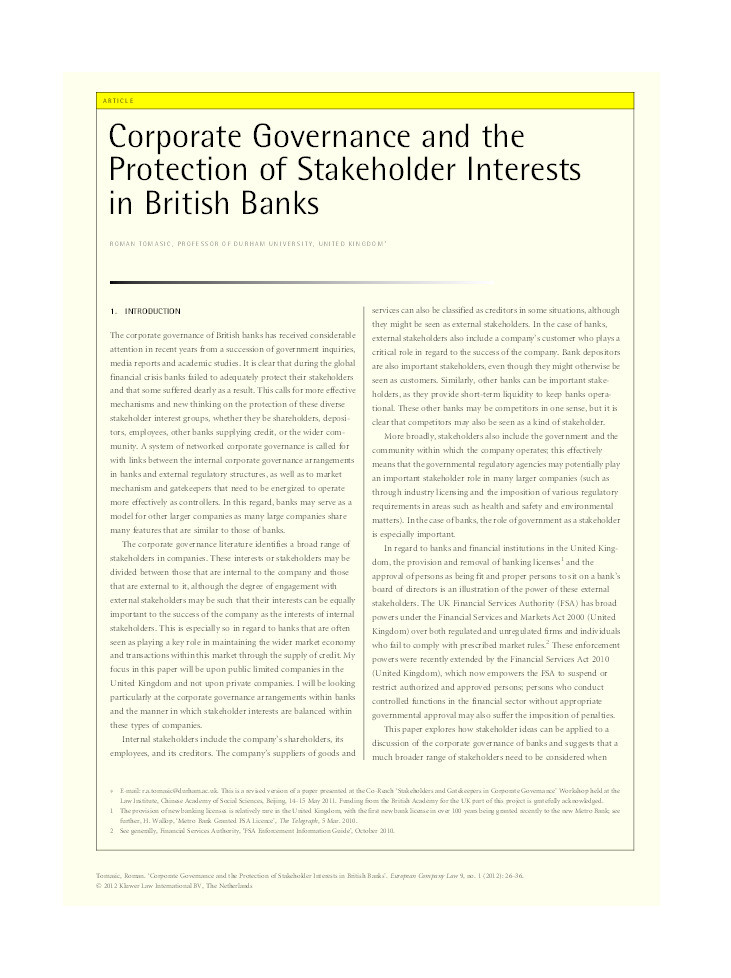 Corporate Governance and the Protection of Stakeholder Interests in British Banks Thumbnail