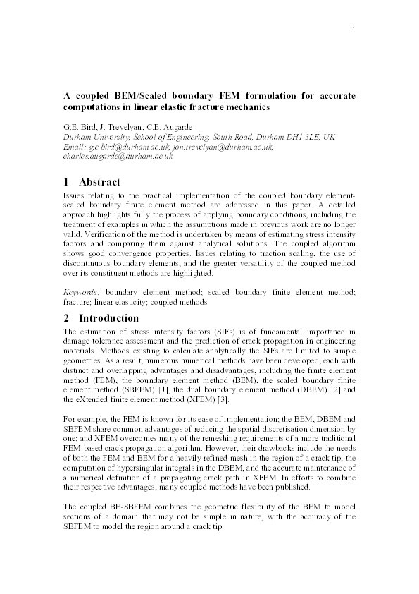 A coupled BEM/Scaled Boundary FEM formulation for accurate computations in linear elastic fracture mechanics Thumbnail